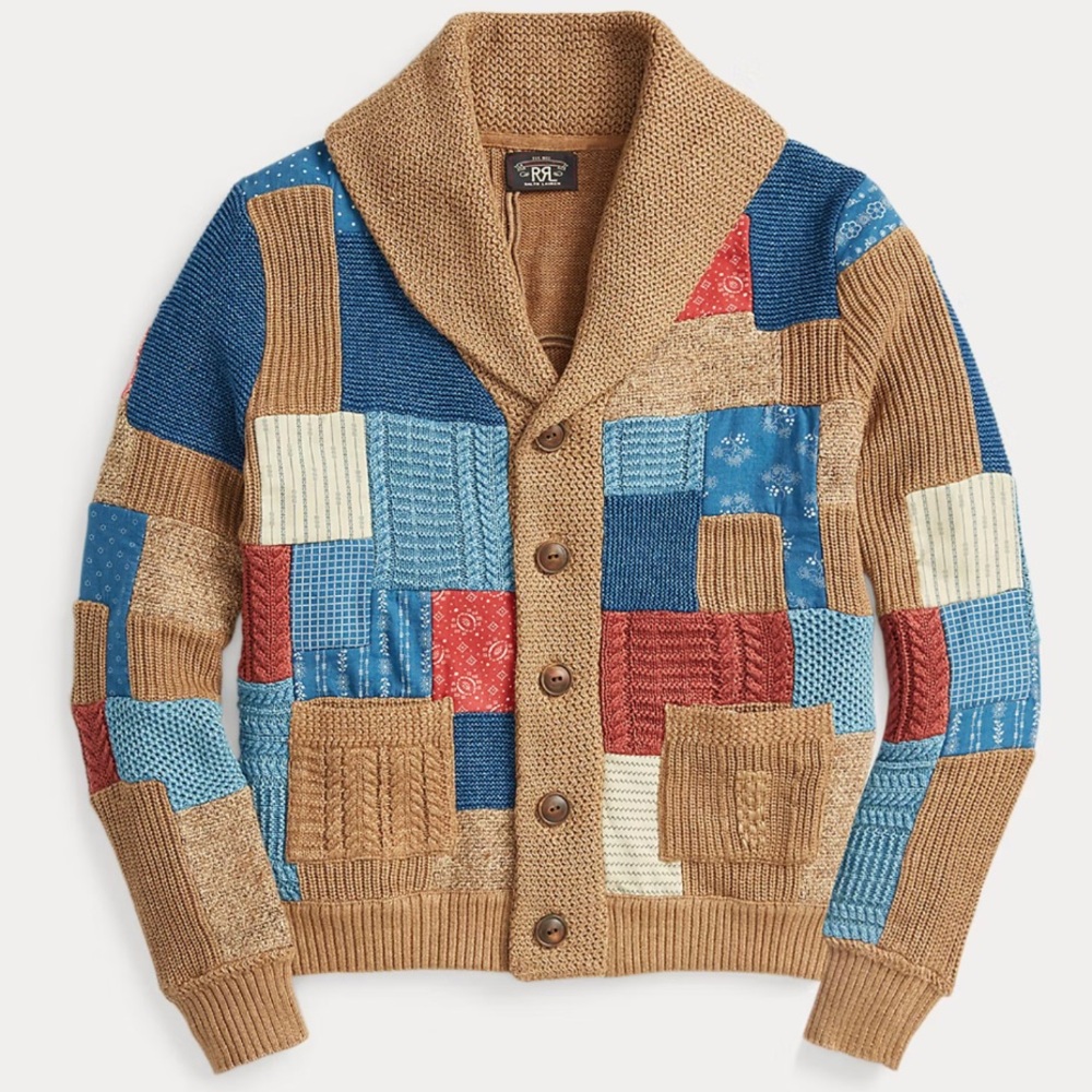 RRL Indigo Patchwork Shawl-Collar Cardigan